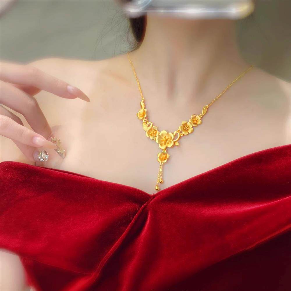 真黄金三生三世梅花项链镀金套链结婚假三金敬酒服配饰