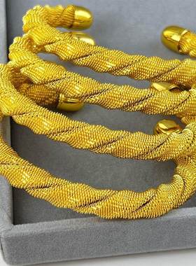 仿金结婚三金新娘女式婚礼手镯24K镀金线圈网格沙金手镯不掉色工