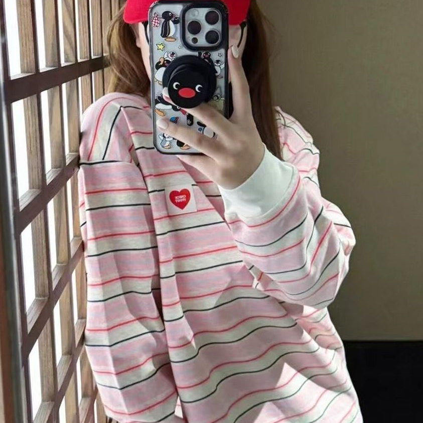 粉色条纹多巴胺长袖圆领卫衣女秋冬季设计感小众美式复古无帽上衣