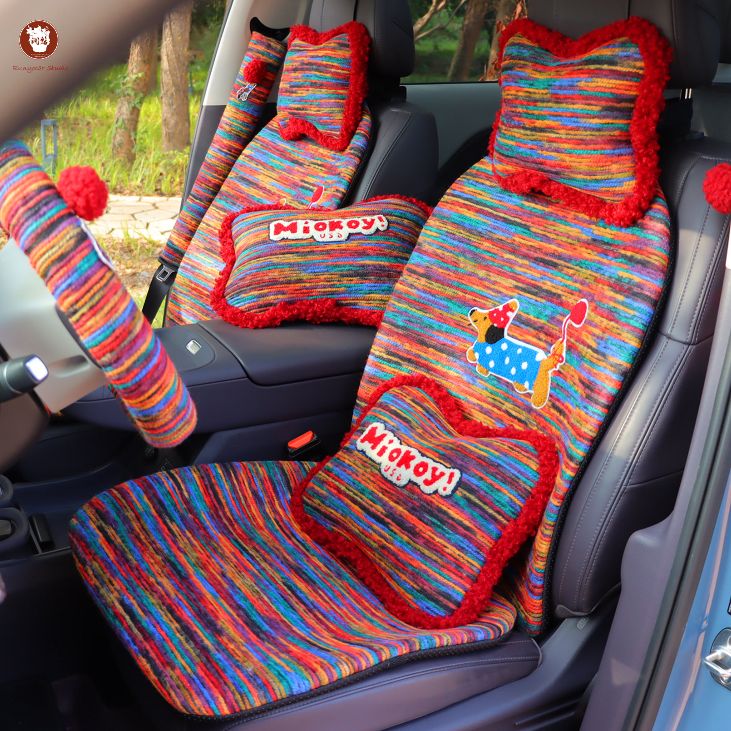 润悠彩色条纹毛线汽车座套慵懒风通用坐垫星愿纳米01海鸥T1缤果