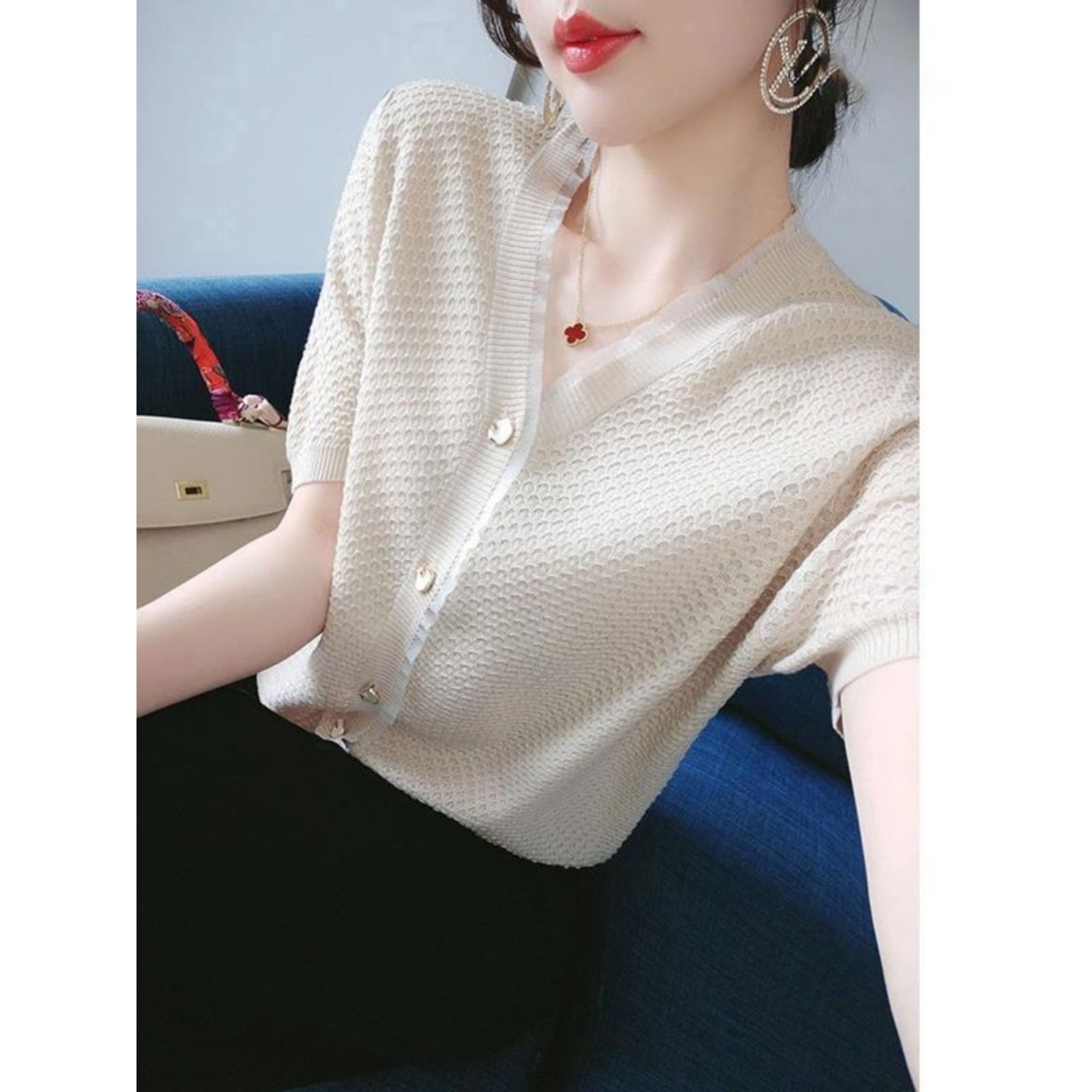 法国Rouje Dsyle木耳边冰丝针织开衫女夏季V领短袖T恤女百搭上衣