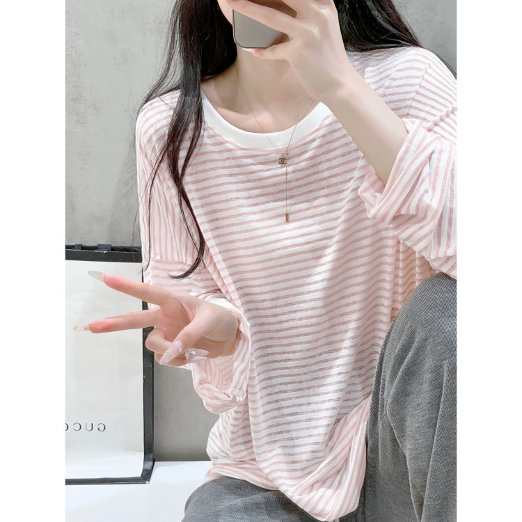 粉色圆领条纹长袖t恤女2025年夏季防晒罩衫宽松显瘦薄款休闲上衣