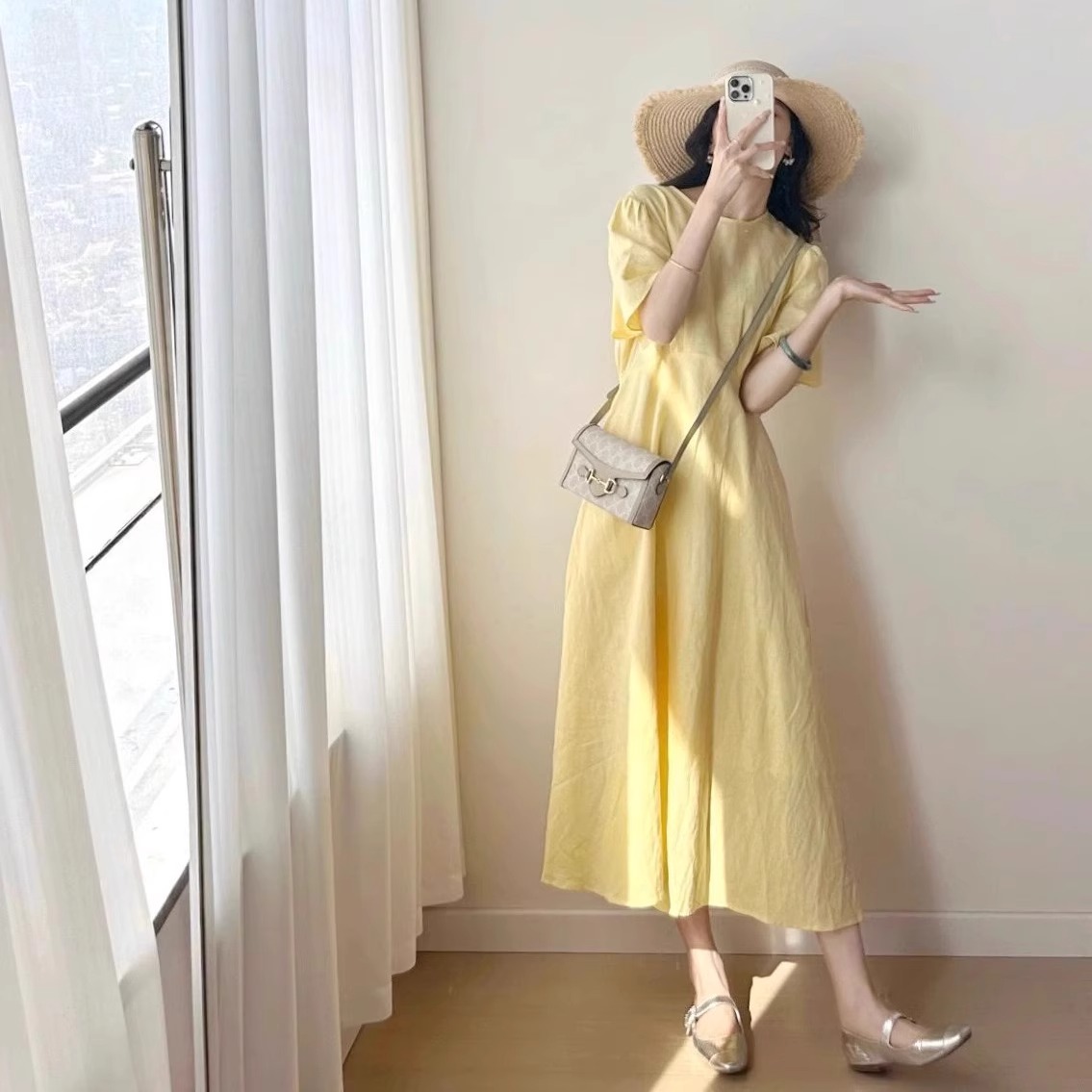 欧洲站夏季女装2025新款茶歇法式桔梗长裙遮肚子显瘦黄色连衣裙