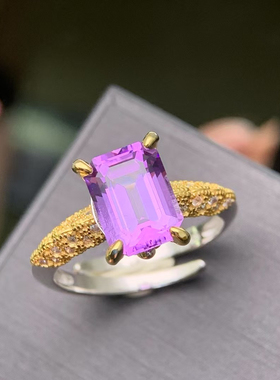 意大利S925精工双层度金紫水晶方形戒指，女士活口设计8*10mm尺寸
