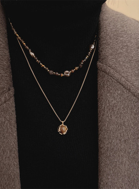 复古美拉德虎眼石双层叠戴项链女小众轻奢设计高级感毛衣卫衣链