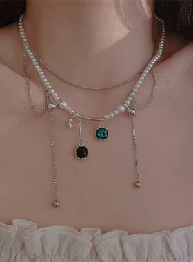 时尚椭圆锆石星星吊坠珍珠项链女气质高级感小众复古希腊项饰