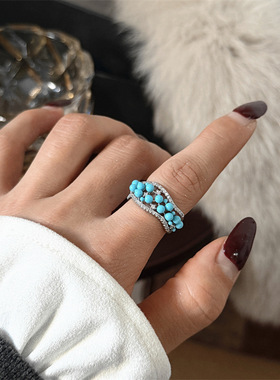 日韩风简约蓝色微镶锆石贝珠网红人气轻奢小众设计感百搭指环