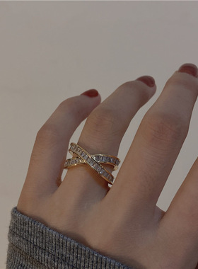 轻奢超闪锆石交叉开口戒指指环气质ins网红设计感潮
