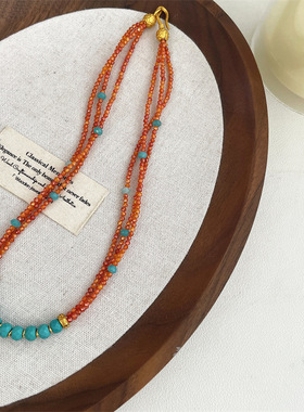 新中式国潮桔色串珠项链小众设计敦煌风高级感气质精致锁骨链