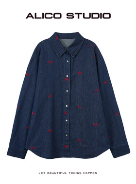 喜乐XILE 秋冬新款休闲红色小马刺绣翻领牛仔衬衫