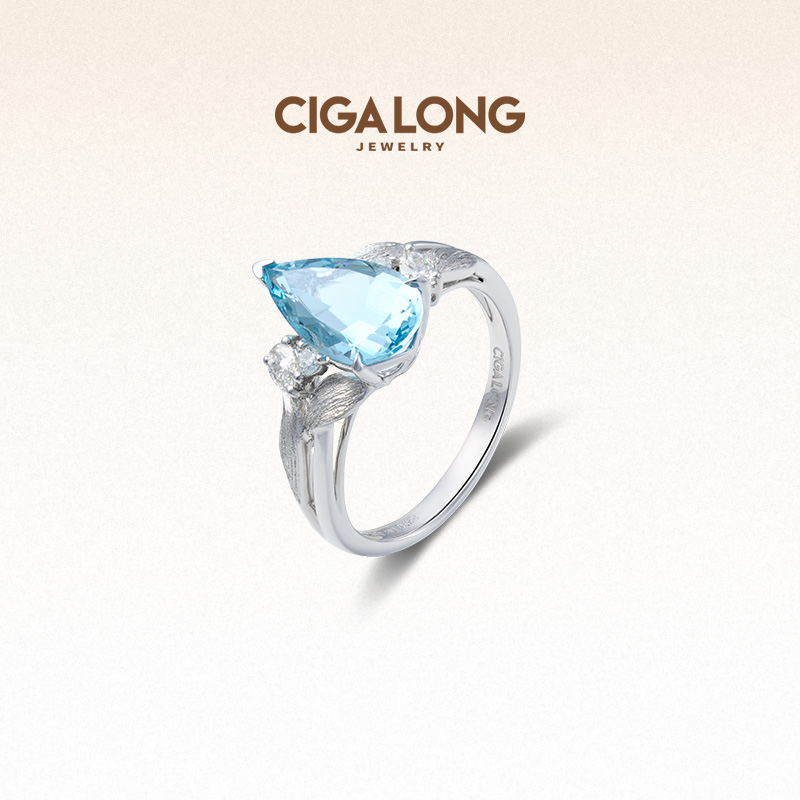 CIGALONG龙梓嘉卷草纹海蓝宝戒指原创新品设计新中式珠宝