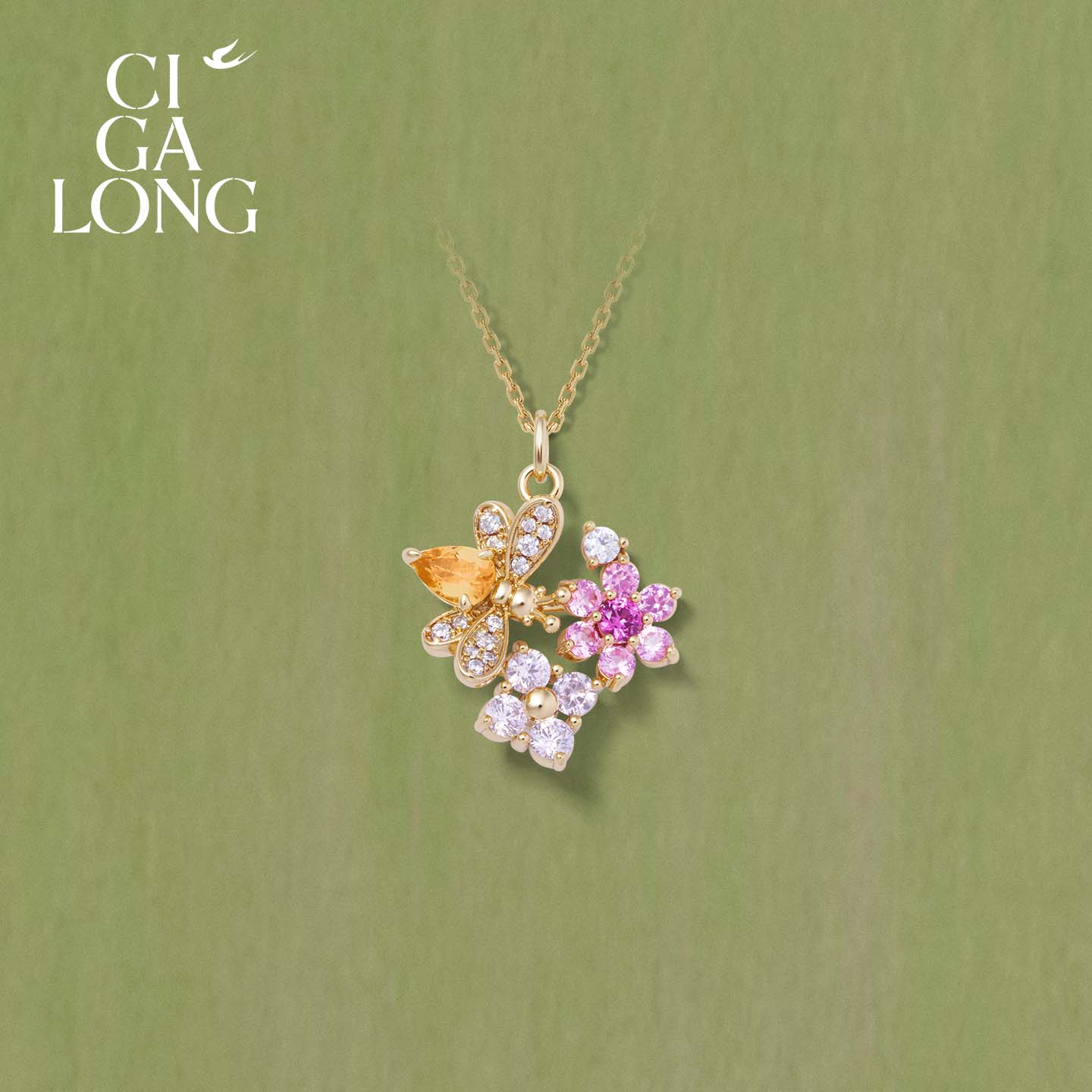 [新品]CIGALONG龙梓嘉游蜂碎花黄水晶项链耳钉新中式珠宝