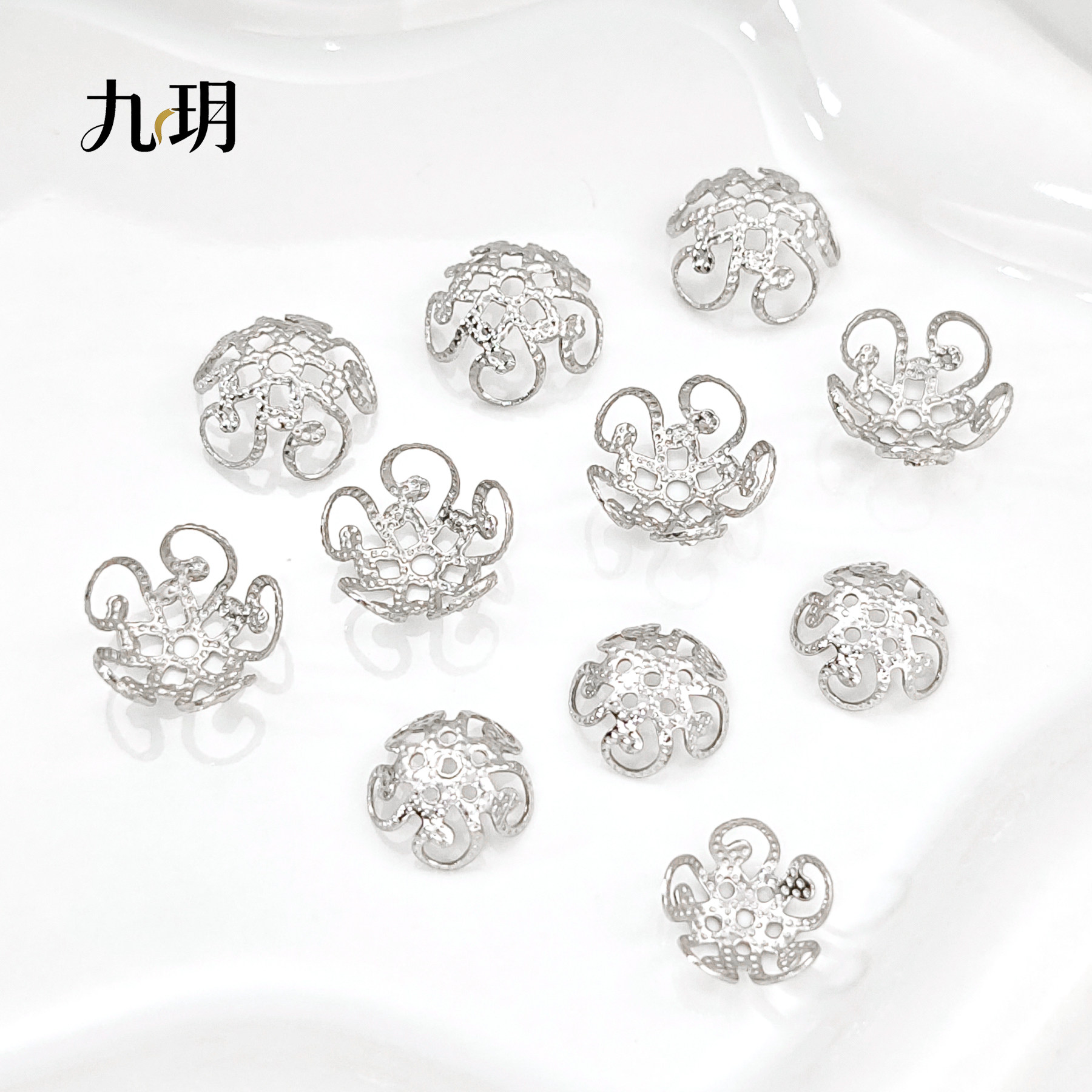 九玥 不锈钢镂空花托水晶珍珠花帽diy耳钩饰品串珠花瓣帽花盖配件