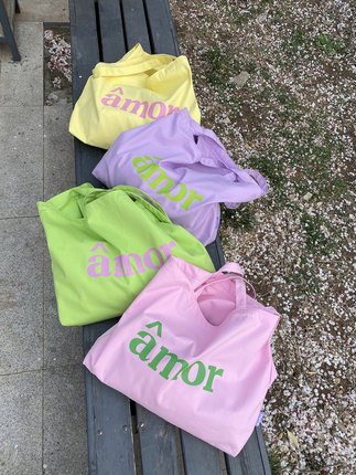 荒废罗曼史/amor彩色马卡龙撞色帆布袋 粉绿黄紫春夏大容量托特包
