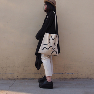 ins简约线条纯棉帆布包韩版 百搭chic帆布袋ulzzang学生单肩斜挎包
