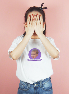 Fake Smile假笑男孩Gavin表情包紫色圆领短袖宽松BF复古纯棉T恤