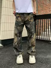 American Street Style Branch Camouflage Retro Workwear Jeans for Men, Versatile High Street Loose Niche Design Wide-Leg Casual Pants