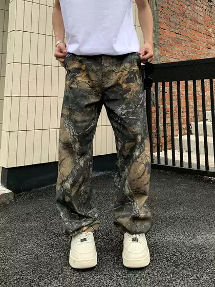 American Street Style Branch Camouflage Retro Workwear Jeans for Men, Versatile High Street Loose Niche Design Wide-Leg Casual Pants