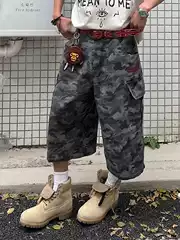American Retro Embroidered Camouflage Pocket Cargo Capri Pants for Men and Women, Summer Trendy Loose Casual Versatile Wide-Leg Shorts