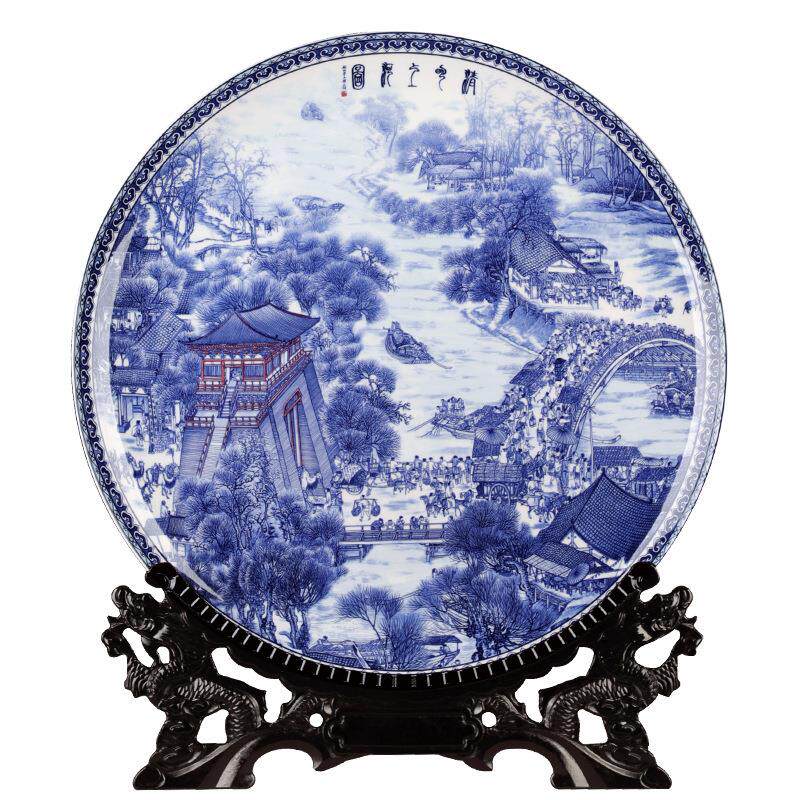 景德镇骨瓷摆件10寸家居玄关装饰品挂盘中式工艺品酒柜清明上河图