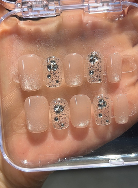 新款穿戴甲短方款美甲春夏新款贴钻石裸色猫眼高级高级感手工定制