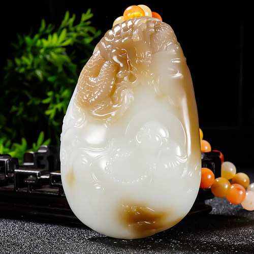 新疆大师冯立辉和田玉且末金山料糖白玉笑佛公手把件 147.14克