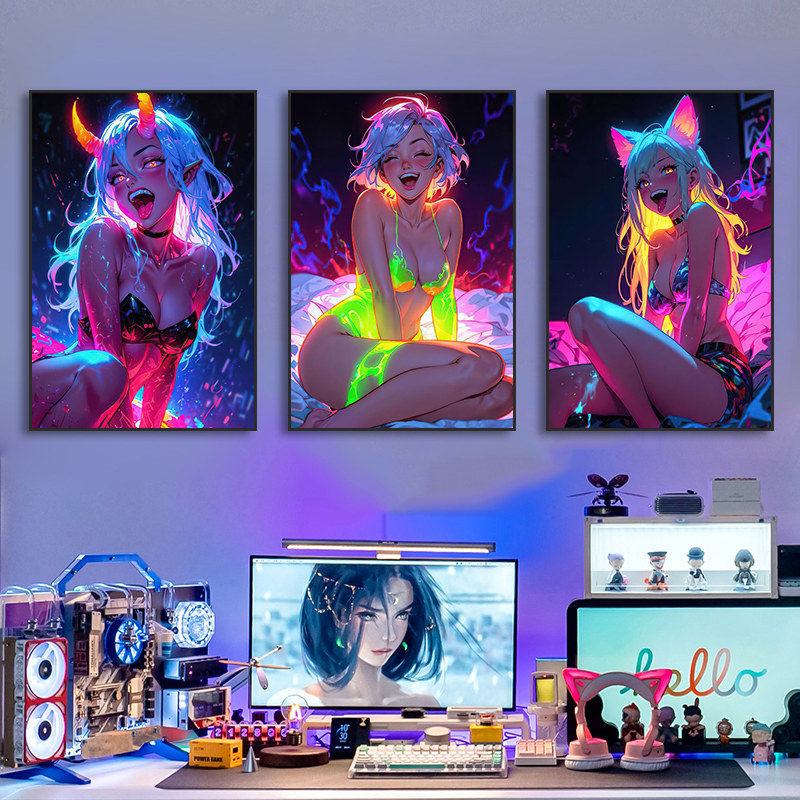 赛博朋克挂画二次元动漫网吧电竞房装饰画少女房间酒吧霓虹灯壁画