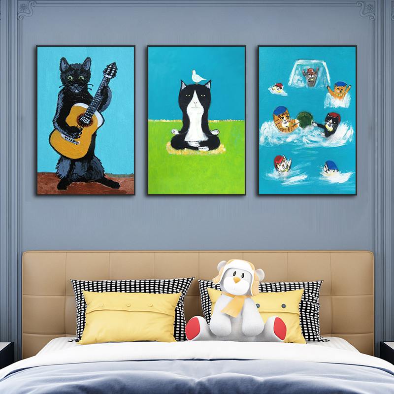 恶搞猫咪挂画潮流手绘动物油画儿童房墙面壁画宠物店玻璃门装饰画图片