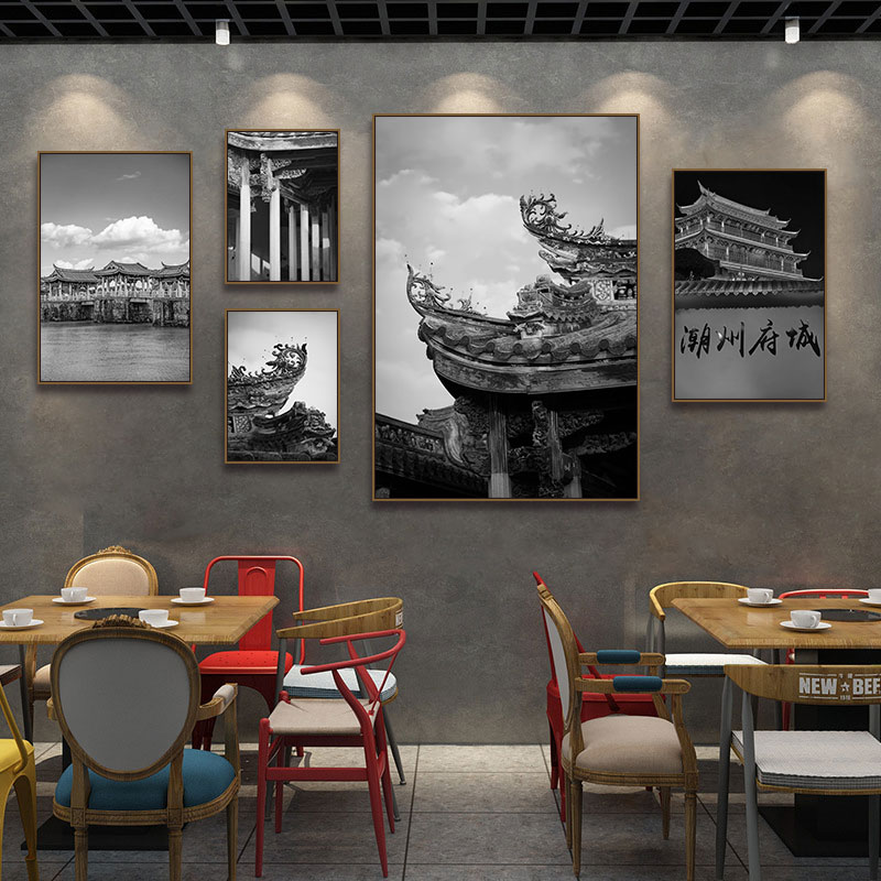 黑白复古潮汕装饰画潮州汕头牛肉火锅店生腌店挂画怀旧老照片壁画图片