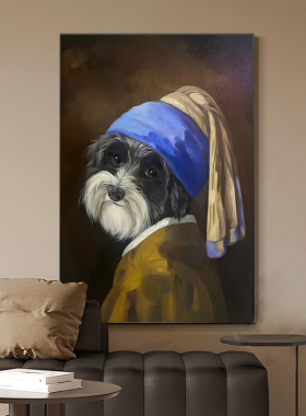 宠物店装饰画恶搞油画猫咪狗狗雪纳瑞挂画戴珍珠耳环的少女壁画