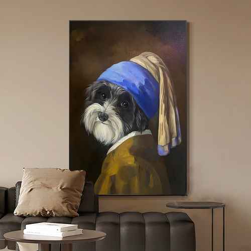 宠物店装饰画恶搞油画猫咪狗狗雪纳瑞挂画戴珍珠耳环的少女壁画