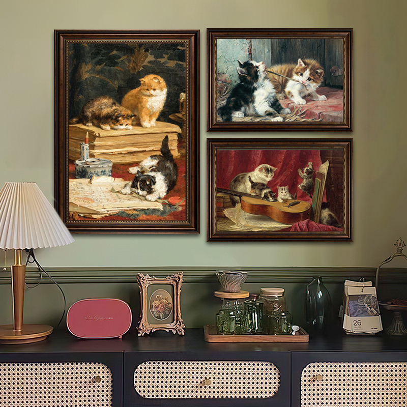 客厅可爱动物萌宠猫咪装饰画法式中古风挂画餐厅走廊复古框壁画