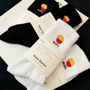 袜子男士中筒袜秋冬潮ins薯条刺绣女袜纯棉纯白袜男生长筒运动袜