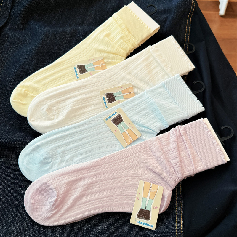 吉良先生 麻花纹堆堆女袜夏季薄款女士中筒棉袜小清新花边长袜子