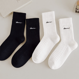 吉良先生 中筒袜纯棉吸汗男袜黑白色袜子男 潮ins字母刺绣女袜男士