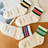 4双 中短筒袜潮ins条纹防臭毛巾底加厚白色运动袜 袜子男纯棉男士