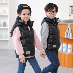 秋冬儿童羽绒棉免洗马甲男童带帽加厚背心女童外穿亮面坎肩中大童