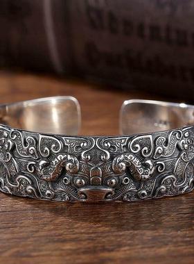 高档夔牛手镯男镀银饕餮兽面纹角龙银手环中国风复古霸气首饰新款