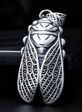 银蝉吊坠纯银复古毛衣链银项链挂坠知了一鸣惊人男女银饰坠子