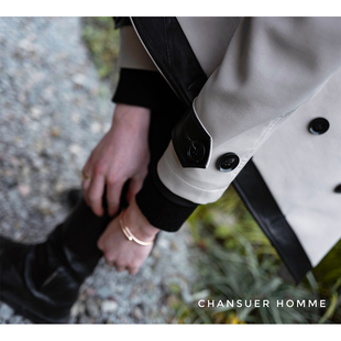 CHANSUER限量早春重工澳洲精纺羊毛免烫单排扣拼皮薄款 风衣 中长款