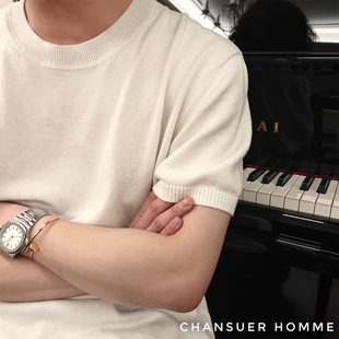 CHANSUER新体验UPW纱线棉羊绒混纺纯色重磅短袖 男柔软圆领T恤针织