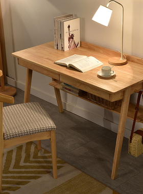 实木书桌原木简约家用学生学习桌ins日式白色台式电脑桌卧室北欧
