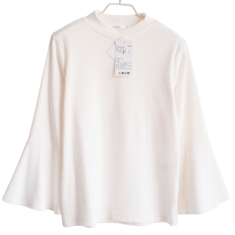 外贸日单T恤女打底衫七分袖春夏新款薄款半高领喇叭袖修身条纹白