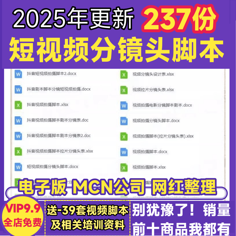 短视频分镜头脚本模板抖音拉片广告宣传片品牌策划案例文案计划表
