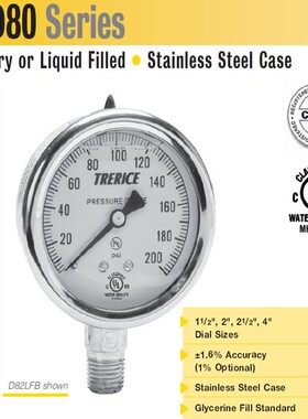 美国Trerice D80系列青铜压力表，不锈钢压力表