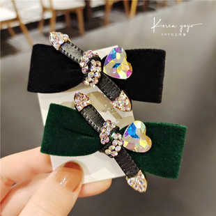 秋冬丝绒蝴蝶结镶钻水钻发夹边夹碎发侧夹发饰头饰卡子刘海夹