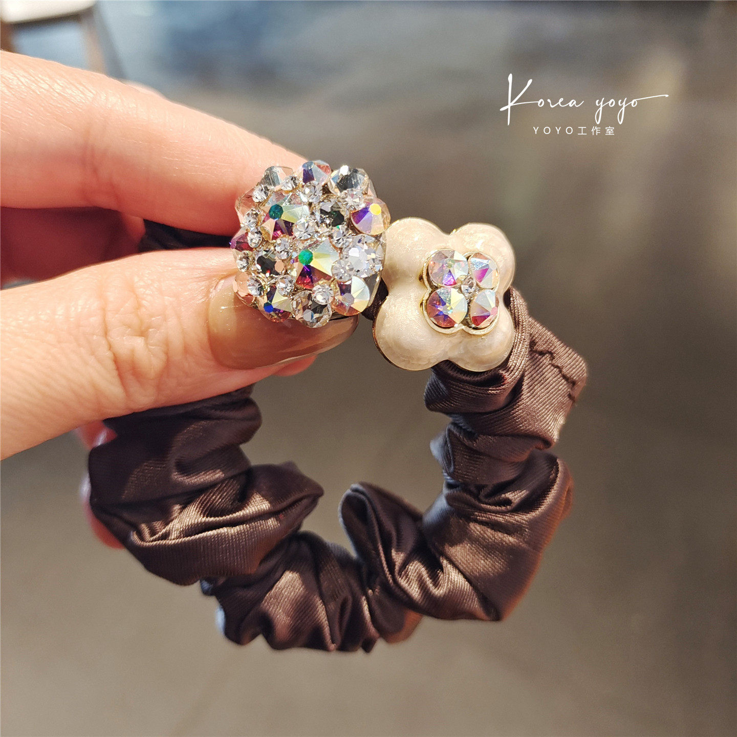 高级感水钻花朵发圈女精致扎头发大肠圈高弹力发绳头饰