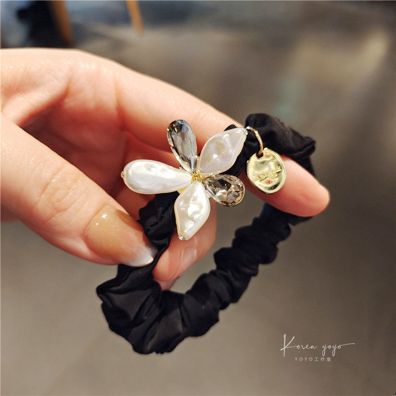 韩国轻奢珍珠水晶花朵发圈女高级感高弹力皮筋马尾头花扎发绳