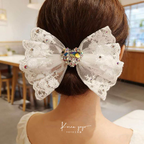 仙女范布艺大蝴蝶结弹簧夹蕾丝马尾顶夹水晶发夹发饰头饰卡子