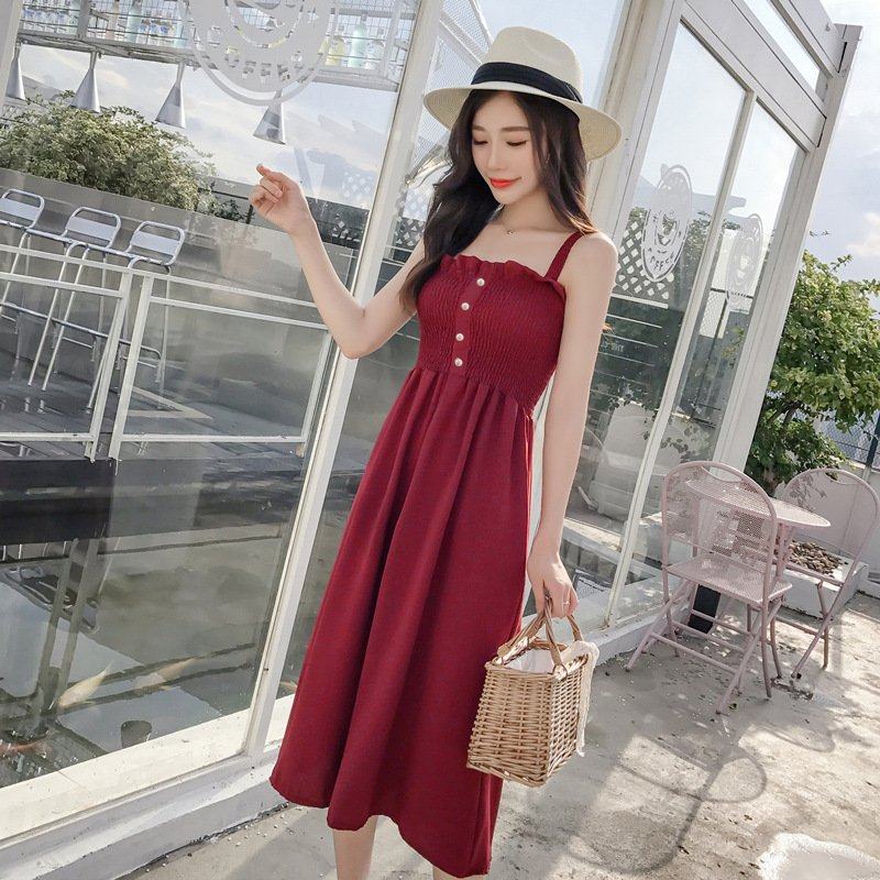 2019木耳邊無袖連衣裙夏韓版中長款抹胸裹胸壓褶收腰吊帶裙寬肩帶在類目 女裝/女士精品, 連衣裙中 - 來自Buy2taobao.com提供專業的淘寶代購服務
